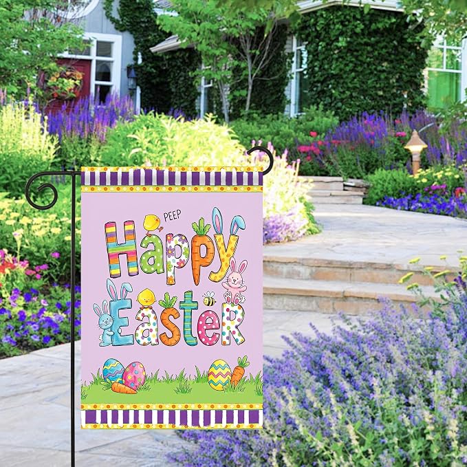 Easter Eggs Garden Flag Double Sided, Easter Bunny Decorations for Porch Welcome Banner for Outside March Spring Yard Outdoor Farmhouse Decoration (Small-12.5×18 inch)