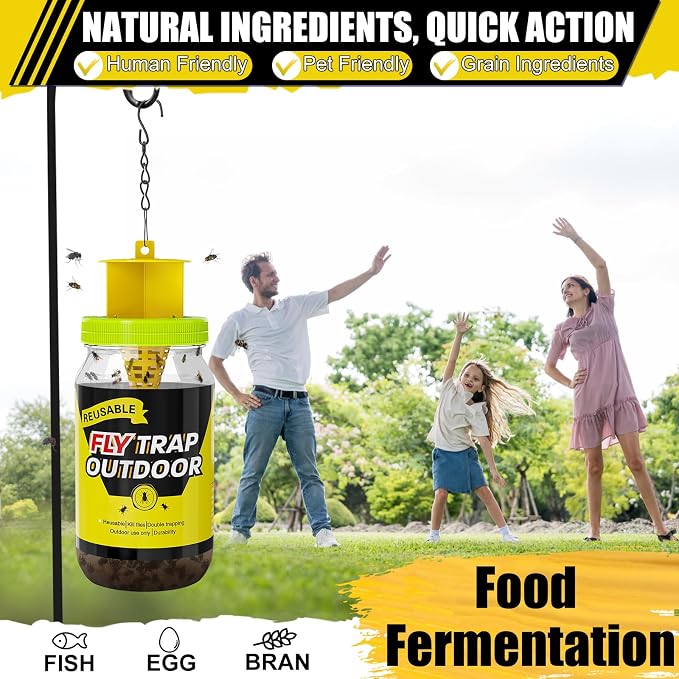 4 Fly Traps Outdoor Fly Trap for Patio with 4 Dissolvable Bait Refills, Reusable Hanging Bug Catcher Killer Bottle for Outside Bug Control Yard Ranch Barns Stable, Hanging Rope, Brush Included