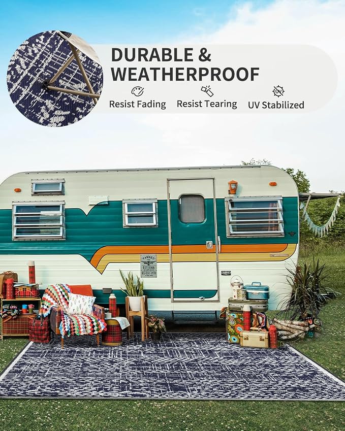 MontVoo Outdoor Rug 8x10 Waterproof-Patio Rug Mat Outdoor RV Camping Picnic Beach Mat Plastic Straw Rugs Outside Outdoor Area Rugs for Balcony Deck Backyard Navy Blue
