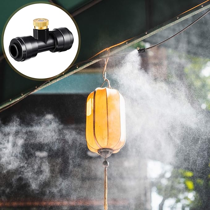 48 Pieces Brass Misting Nozzles Include Water Misting Tees Thread 1/4 Inch and Brass Orifice Nozzle with Black Plug for DIY Outdoor Patio Garden Backyard Cooling Spray System