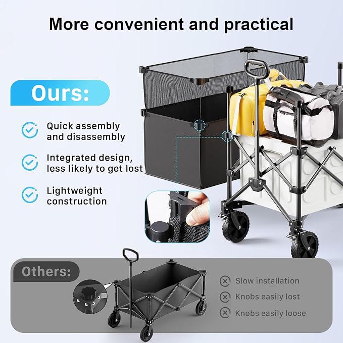 39" Collapsible Wagon Cart, 450 lbs Heavy Duty Folding Wagon with Brakes, Adjustable 150L-300L Utility Wagon with All-Terrain Wheels for Camping, Garden, Beach and Shopping