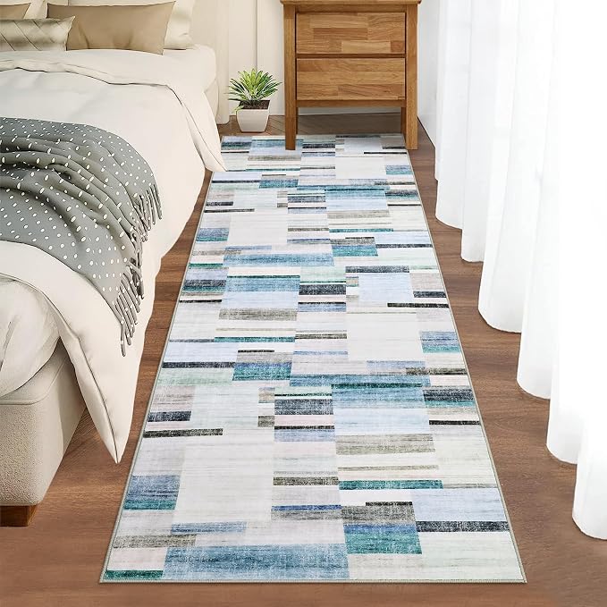 GarveeHome Washable Rug Runners for Hallways Non Slip 2x6 Modern Geometric Kitchen Rugs Farmhouse Entryway Rug Soft Bathroom Rugs Stain Resistant Carpet for Laundry Bedroom 2 ft x6 ft Blue
