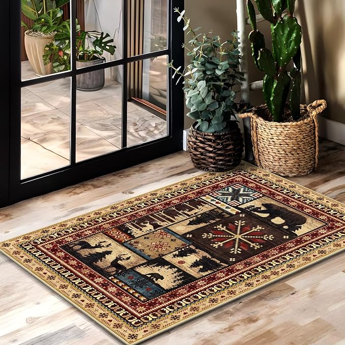 LOKHOM 2x3 Rustic Cabin Area Rug, Washable Western Lodge Bear Entryway Rug | Bear Pattern, Non-Slip, Low Pile Soft Doormat, Vintage Wildlife Accent Carpet Rug, For Living Room Bedroom Kitchen Entryway