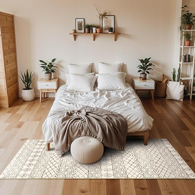 2'x6' Hallway Runner Rug Washable: Non Slip Moroccan Runners Beige | Geometric Low Pile Floor Carpet with Rubber Backing Farmhouse Kitchen Mat Indoor Rugs for Front Door Living Room