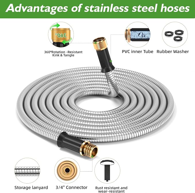 GARDENWORK Garden Hose,75ft Stainless Steel Garden Hose,Metal Hose with 10 Function Sprayer Nozzle,Flexible,Never Kink & Tangle for Outdoor,Yard,Lawn,Patio,Car