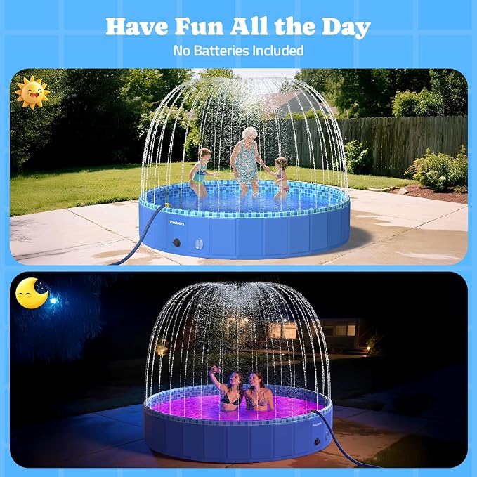 Pawtners Large Foldable Kiddie Pool with Sprinkler & RGB LED Light 79'' | Splash Pad, Wading Pool, Bathing Tub, Hard Plastic, Heavy Duty, Non-Slip, Durable, Scratch Resistant, Suitable for Backyard
