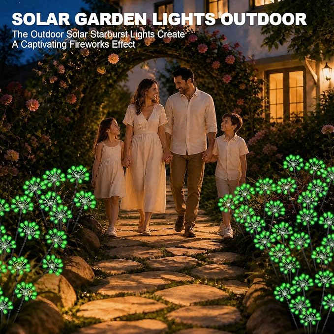 Solar Garden Lights Outdoor, Upgraded Solar Swaying Starburst Light Waterproof with 2 Modes, Solar Fairy Firework Lights for Yard Patio Pathway Flowerbed Balcony Garden Decoration (Green, 4 Pack)