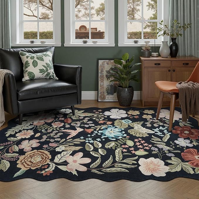 DCX Vintage Floral Washable Area Rug 4x6, Non Slip Low Pile Rug, Black | Rugs for bedroom, living room, dining room, office, soft, kid & pet friendly, sain resistant indoor carpet, home decor