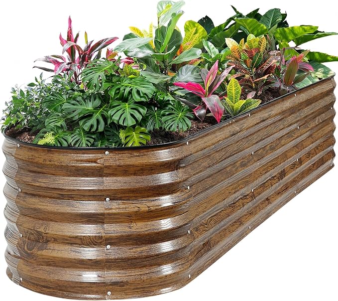 Galvanized Raised Garden Bed Outdoor- 8x2x1.4ft Oval Steel Raised Beds for Gardening, Metal Planter Box with Protective Strip and Gloves for Vegetables, Flowers, Fruits(Brown)