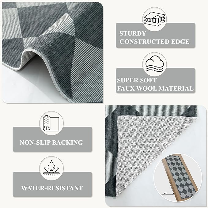 Beeiva Checkered Print Hallway Runner Rug 2.5x8, Ultra Thin Kitchen Runner Rugs Non Skid Washable 8ft, Moroccan Plaid Design Floor Carpet for Entryway Bedroom Bedroom, Gingham Geometric Home Decor