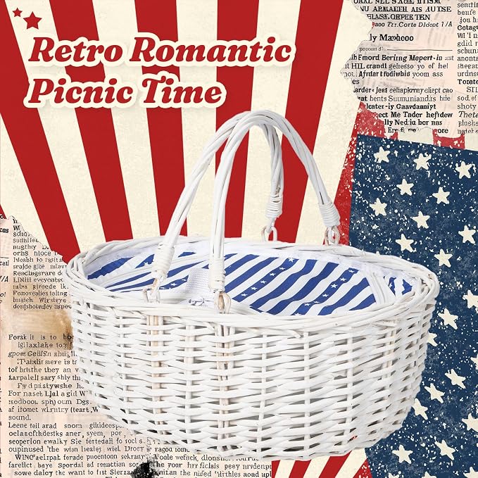 Wicker Picnic Basket with Insulated Lined Bag 15“ x 11” x 7“ Blue, White Star Stripe Pattern, Iced Beer Insulated Bag for Camping, Picnics, Birthday Gifts, Wedding Gifts