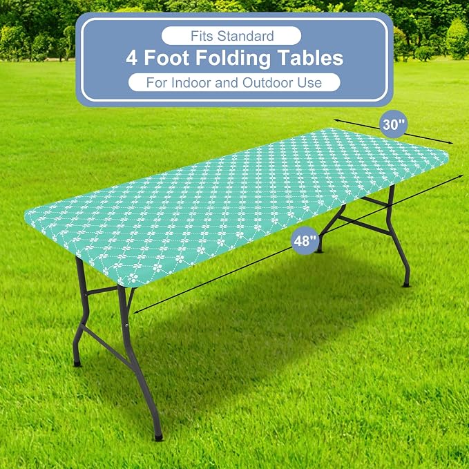 misaya Rectangle Vinyl Table Cloth, Elastic Fitted Tablecloth with Flannel Backing, Waterproof Plastic Table Cover Fits 4 Foot Folding Tables for Picnic, Camping, Indoor and Outdoor (Aqua, 30" x 48")