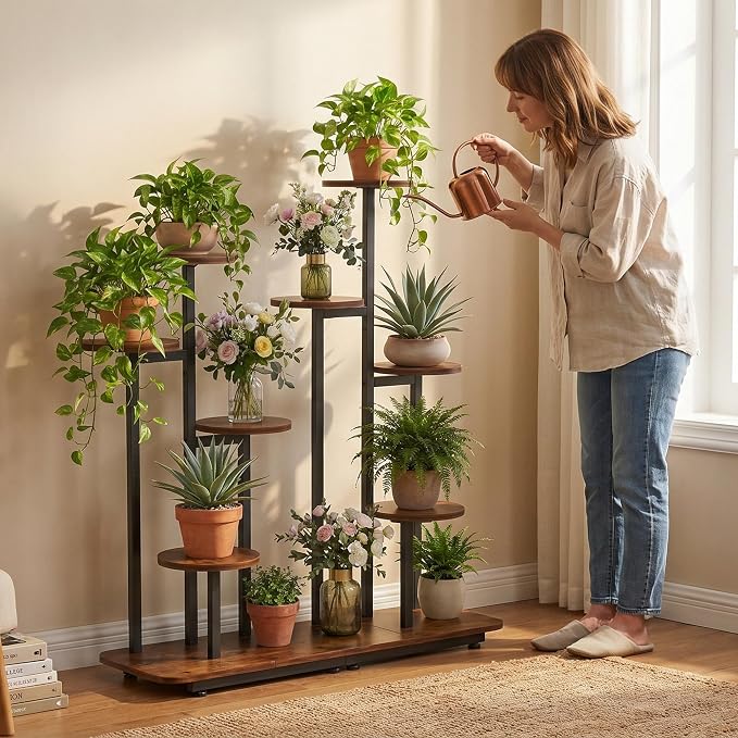 8-Tier Plant Stand Indoor, Plant Stands for Indoor Plants Multiple, Corner Plant Shelf for Living Room, Tiered Plant Holder, Metal Plant Table | Sturdy wood structure, space-saving corner design. Multi-layer rack holds multiple potted plants,ideal for ...