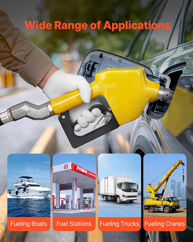 VEVOR 3/4-Inch NPT Automatic Fuel Nozzle, Max Flow Rate 11.8 GPM, Auto Shut Off Diesel Gas Pump Nozzle with 3-Speed Trigger Lock & 0.78 in (OD=20 mm) Spout for Gasoline, Diesel, Kerosene, Yellow