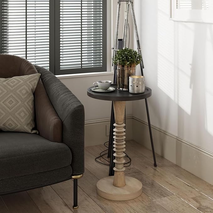 COZAYH Pedestal Small Drinking Table, Farmhouse Tray Top End Table, Distressed Finish, Black Top on Aging White Frame