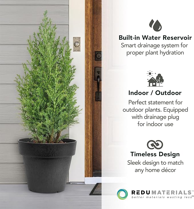Tierra Verde 2-Pack Indoor & Outdoor Self-Watering Round Planter Pots, Baritone, 18" x 16", Black - Decorative Planting Containers for Plants and Flowers - Gardening and Flowering Accessories