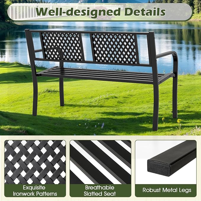 Giantex Metal Outdoor Bench with Mesh Pattern Backrest, Curved Armrests, 660Lbs Capacity, Slatted Seat for 2-3 Persons, Patio Bench for Yard, Poolside, Porch, Park, Garden (50"×23"×32",Black)