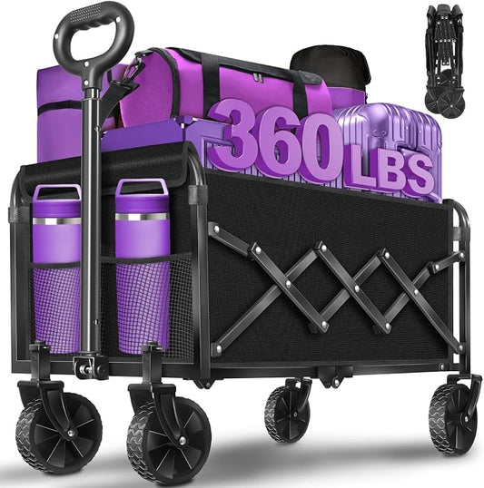 Wagon Cart Foldable,360Lbs Collapsible Wagon Cart with Wheels Portable, All Terrain Outdoor Utility Carts for Groceries, Camping, Sports, Garden, Shopping, Black