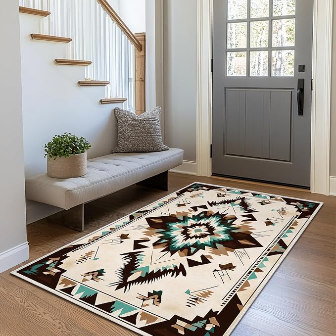 Western Area Rug for Living Room Abstract Geometric Diamond 3x5 Entryway Rug Southwestern Aztec Tribal Rugs Non Slip Low Pile Machine Washable Boho Brown Beige Floor Carpet Indoor Bedroom Dining Room
