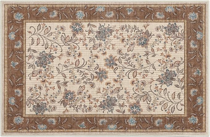 GarveeHome Small Brown Entryway Rug 2x3 Washable Front Door Rug Doormat | Low Pile Indoor Entrance French Floral Carpet Non-Slip Beige Throw Rugs for Kitchen, Powder Room, Entry, Bathroom, Kids Room