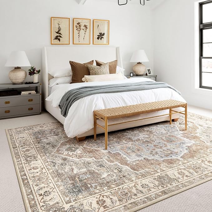 5x7 Washable Area Rug: Vintage Neutral Soft Non Slip Thin Large Floor Carpet for Living Room Bedroom Kitchen Dining Room Home Office Farmhouse Indoor - Grey Brown