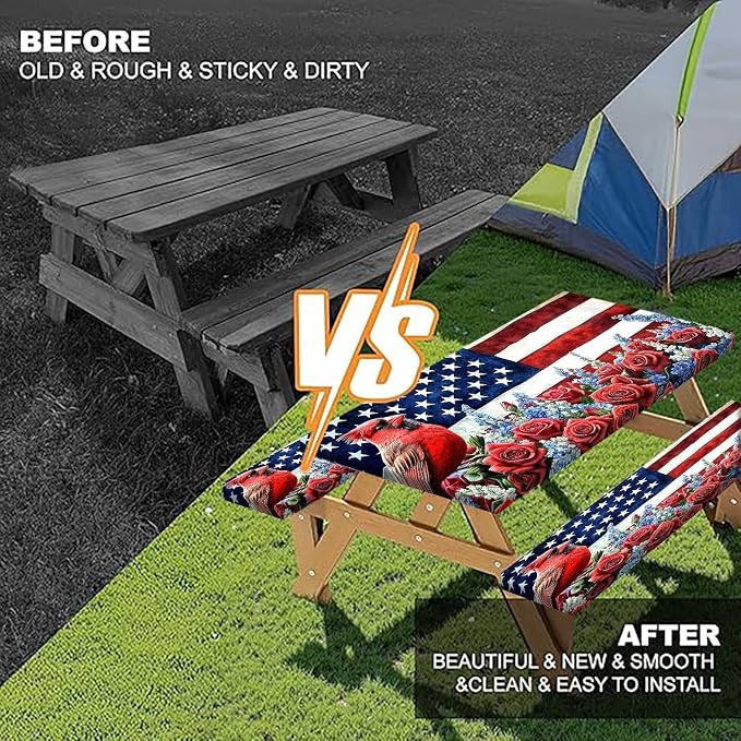 Picnic Table Cover with Bench Covers, Waterproof Elastic Fitted Tablecloths for 6 Foot Rectangle Tables, Washable American Flag Tablecloth for Camping, Outdoor (Red & Blue, 30"x96")