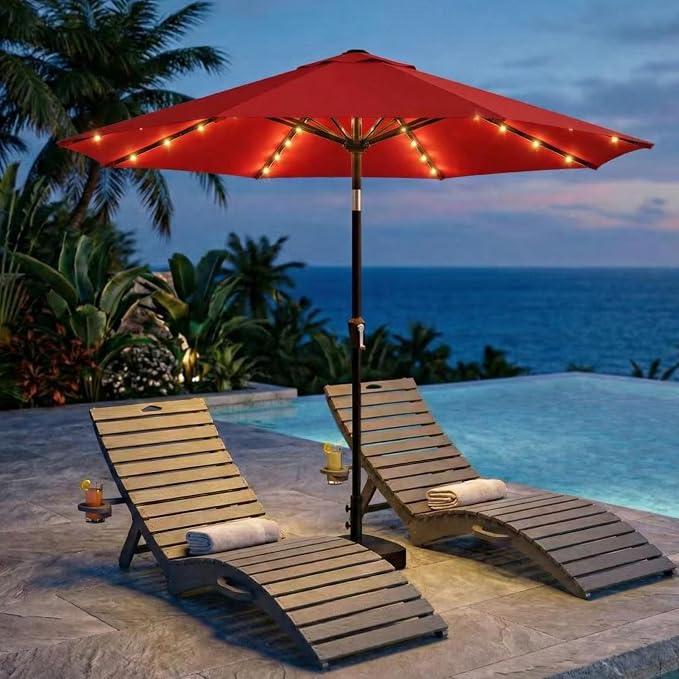 Kingdura 9FT Outdoor Patio Umbrella with Solar Lights, Market Table Umbrella with Push Button Tilt & Crank, 8 Sturdy Ribs, 32 LED Lights, UV Protection for Garden Lawn Deck Backyard Pool (Red)