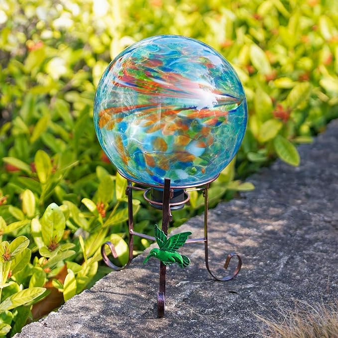 10 Inch Glass Gazing Ball with 9.4" H Metal Stand | Glass Gazing Globe Display Holder Set for Outdoor Garden Lawn Yard Decoration, Blue Artistic