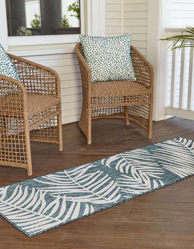 Unique Loom Outdoor Botanical Collection Area Rug - Palm (2' 7" x 10' Runner Teal/Ivory)