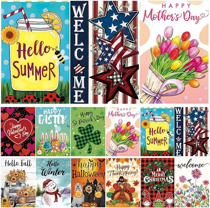 Seasonal Garden Flags Set of 12, Double Sided 12x18 Inch Yard Flags,Small Garden Flags for Outside,4Th of July Garden Flag,Christmas Summer Fall Halloween Seasonal Flag for Outdoor Holiday Decorations