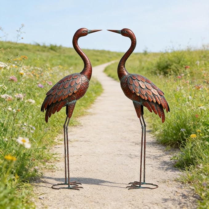 chisheen 2PCS Garden Crane Statues Outdoor Sculptures Metal Yard Art Statue for Garden Decoration Large Size Set of 2