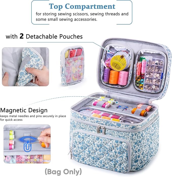 AMOIGEE Double-Layer Sewing Organizer Storage Bag with 2 Detachable Pouches, Large Quilted Sewing Basket for Supplies & Tools, Portable Travel Sewing Kit Case, Gift for Mom(Bag ONLY)