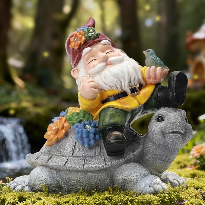 Solar Gnome Statue Outdoor Decor,Gnome on Turtle Figurines with LED Light for for Garden Yard Balcony Lawn Christmas Housewarming for Women Mom Grandma