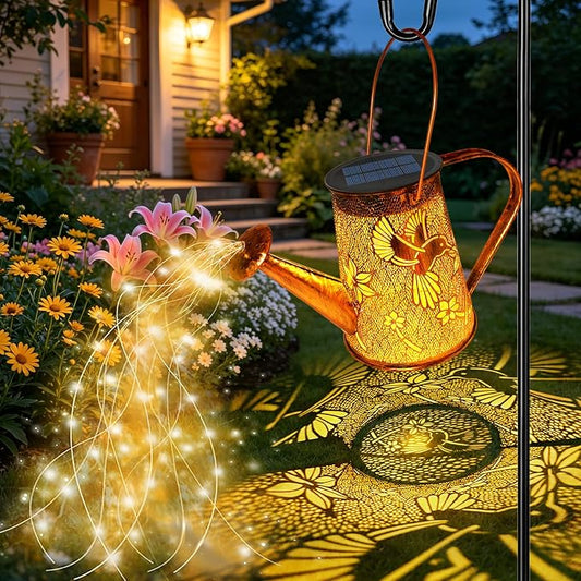VOOKRY Solar Lights Outdoor Decoration, Large Retro Hanging Metal Solar Watering Can Lights Waterproof Hummingbird Garden Decor Outside for Yard Lawn Patio Porch, Birthday Gifts for Women Mom Grandma