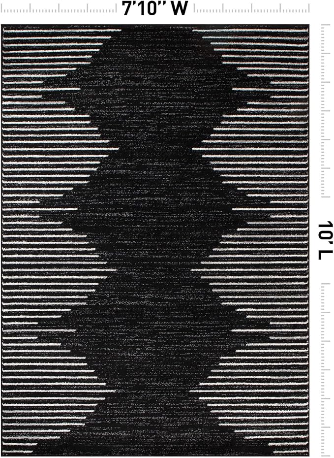 Rugshop Bohemian Stripe Stain Resistant Large Area Rug Black 7'10" x 10' | High Traffic,Fade Resistant, Living Room, Bedroom, Dining Room, Home Office, Kitchen, Entryway, Hallway, Nursery,Basement