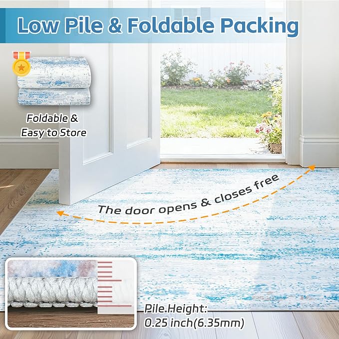 5x7 Washable Area Rug for Living Room Bedroom: Non-Slip Modern Light Blue | Machine Washable TPR Backing, Stain-Resistant Low Pile, Pet & Kid Friendly, Abstract Decor for Dining Room, Dorm, Home Office