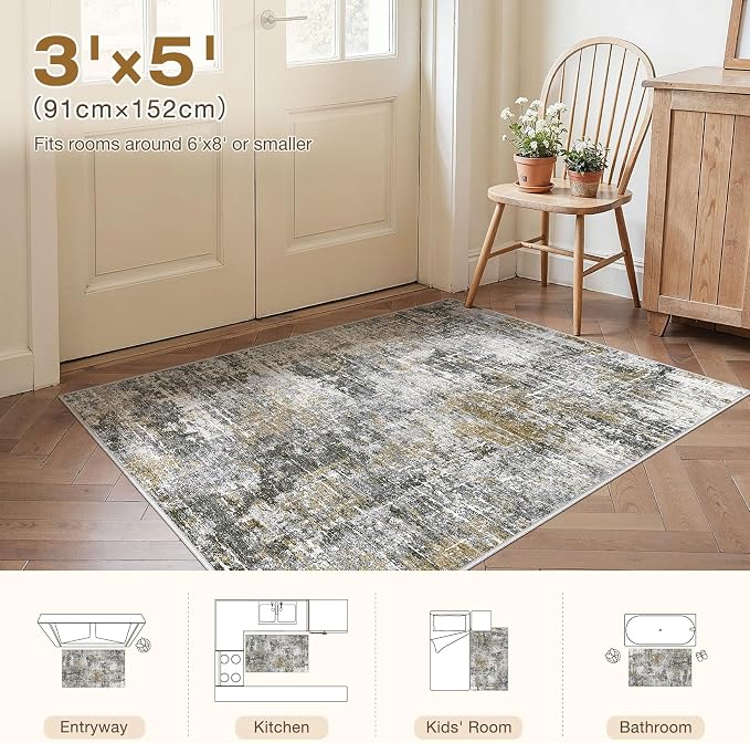 kakania Abstract 3x5 Area Rugs for Living Room: Washable Rugs Black Gold | Soft, Non-Slip, Low-Pile, Pet & Kid Friendly - Modern Home Decor Carpet for Bedroom/Dining Room/Office/Nursery