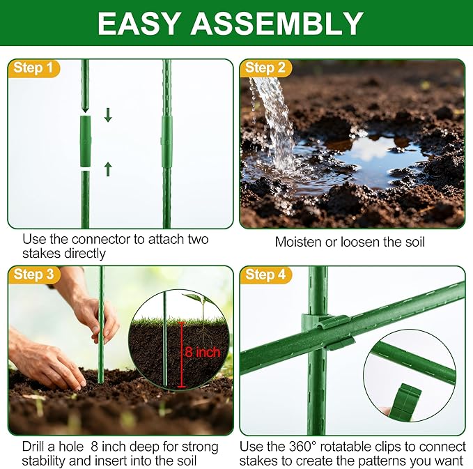 WAENLIR Garden Stakes16 Inch 24 Pack, Tomato cage DIY 4ft 5ft 6ft 7ft 8ft Plant Support Stakes with Connectors and Clips, Plastic Coated Metal Sticks for Tomato Indoor Outdoor