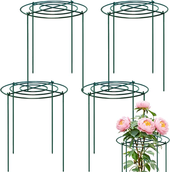 4 Sets Peony Support Cage,18"Diax24"High Heavy Duty Metal Plant Support,Grow Through Hoops Grids with 4 Thickened 6mm Legs,Strong Support Brace for Heavy Blossoms,Flower Support Ring for Peonies,Rose