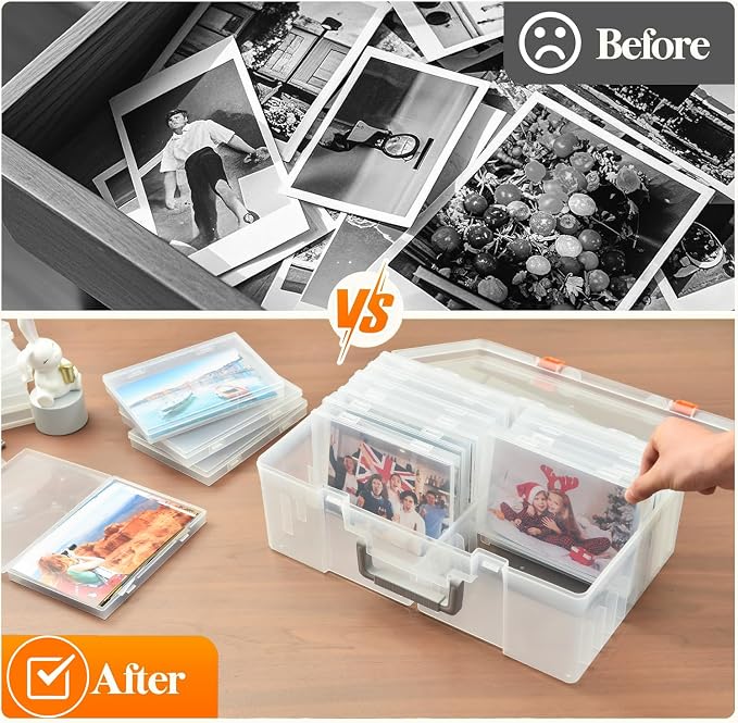18-Pack Extra Large 5 x 7 Photo Storage Box, Fully Transparent Acid-Free Picture Organizer Case, Clear 5 x 7 Greeting Card Holder & Seed Packet Organizer, Large Craft Keeper with Handle