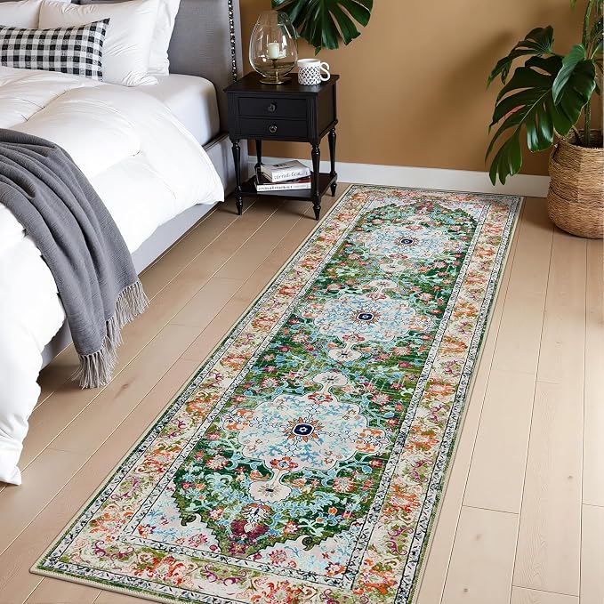 U'Artlines 2'x7' Boho Hallway Runner Rug Non Slip Washable Runners,Green | Vintage Farmhouse Kitchen Rug Accent Area Carpet for Entryway Laundry and Living Room
