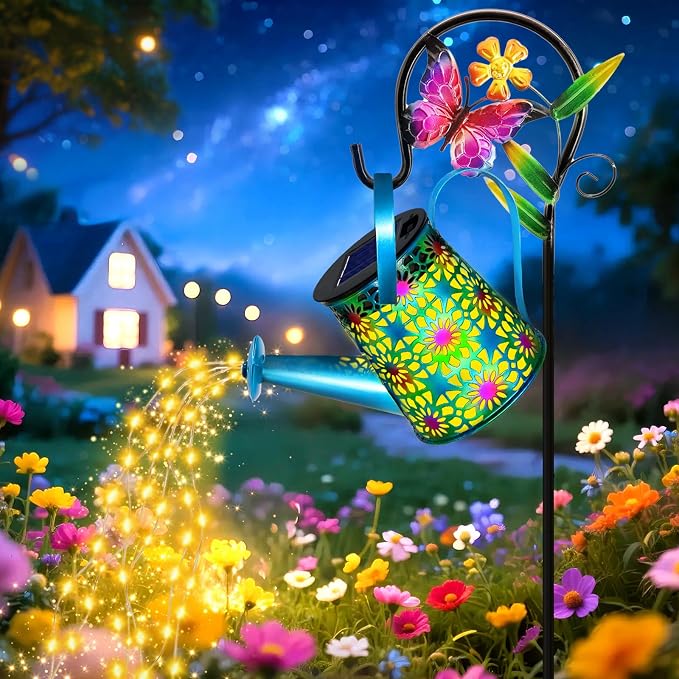 Solar Lights Outdoor Decorative, Blue Metal Solar Watering Can Lights Waterproof, Gifts for Women Mom Birthday, Hanging Lantern Decoration Garden Decor Yard Light for Outside Patio Lawn Porch