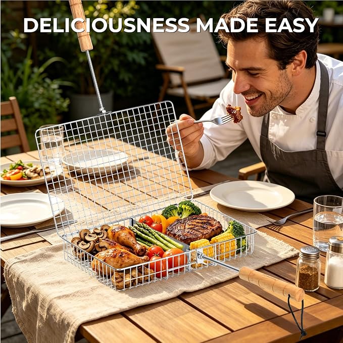 Grill Baskets for Outdoor Grill,Removable Wooden Handle and Divider Panel,BBQ Accessories for Grilling Fish,Veggies,Shrimp,Meat,Premium 304 Stainless Steel,Grilling Tools for Outdoor Cooking & Picnics,Gifts for Father’s Day,Birthday,Festival,Anniversary