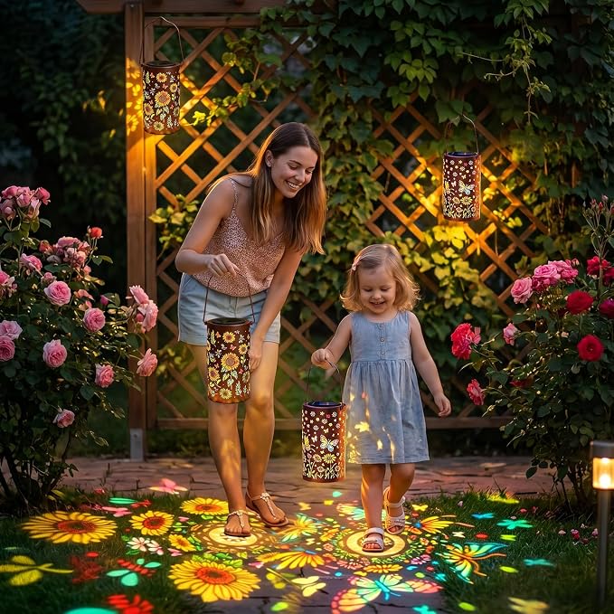Garden Decor - [2 Pack] Colorful Hanging Solar Lanterns Outdoor Waterproof, Sunflower + Butterfly Solar Lantern for Courtyard Patio Table Step Front Porch Decor, Gifts for Mom Wife Grandma Friends