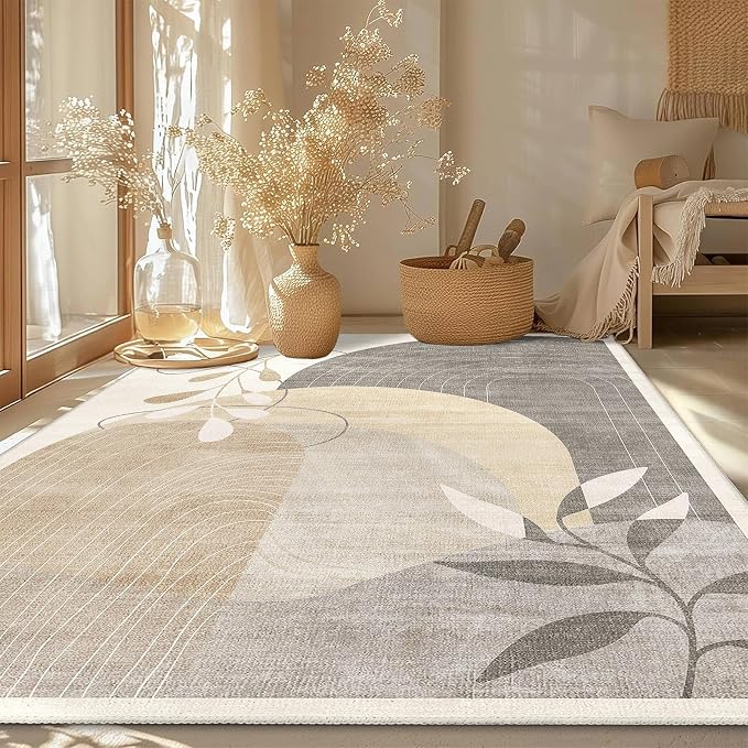 5x7 Area Rugs Washable Low Pile Non Slip Mid Century Modern Large | Machine Washable Throw Carpet for Living Room Bedroom Office Dining Room Boho Abstract Retro Geometric Neutral Beige