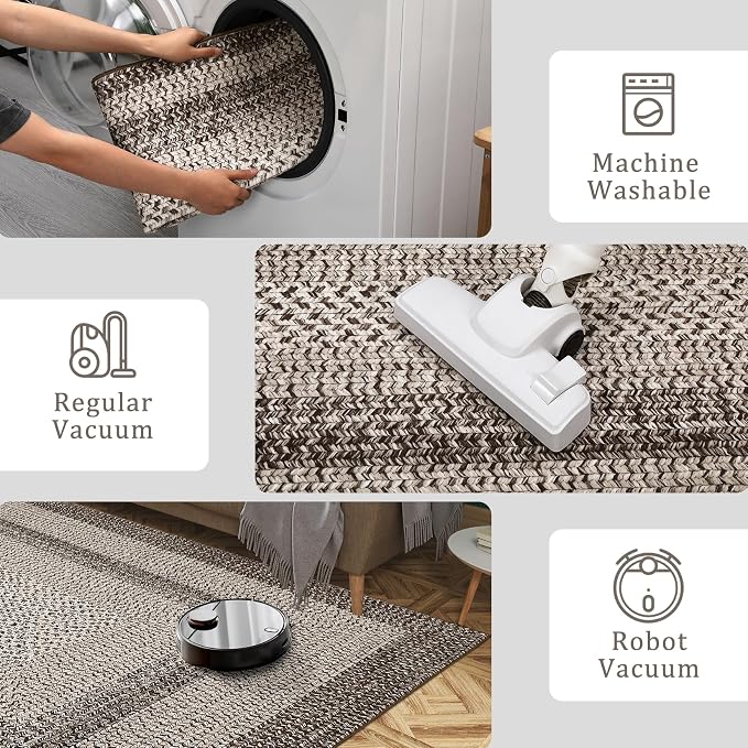 RUGSREAL 9x12 Living Room Rug Large Bedroom Washable Rug Non Slip | Indoor Throw Floor Cover Farmhouse Rustic Area Rug Modern Geometric Border Carpet for Bedroom Home Decor, Mocha