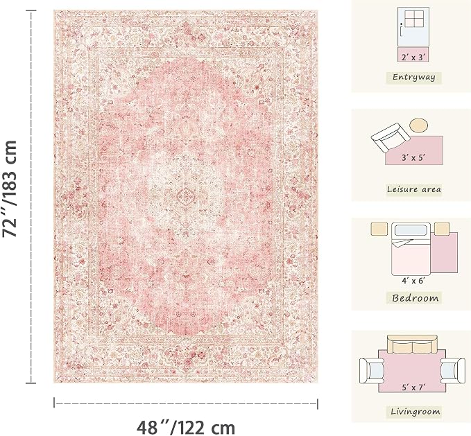 Latte&Fog Vintage Pink Area Rugs 4x6, Washable Cute Small Rugs for Girls | Bedroom Dining Kitchen Kids Playroom Nursery Classroom Dorm Farmhouse Office, Non Slip Low Pile Soft Floral Carpet