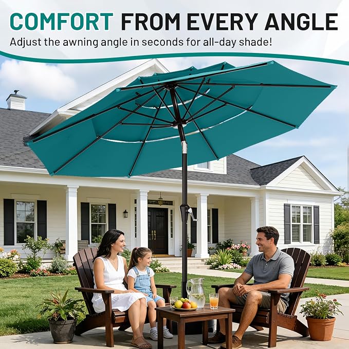 AreShark 9ft 3-Tier Patio Umbrellas, Outdoor Umbrella with 8 Sturdy Ribs UV Protection Windproof, Market Table Umbrella w/Push Button Tilt & Crank for Pool, Porch, Deck, Garden(Lake Blue)