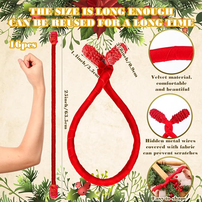 Jutom 16 Pcs 20 Inches Christmas Velvet Garland Ties Decorative Banister Twist Ties Reusable and Flexible for Xmas Light Banisters Home Stairways Railings Decoration(Red)