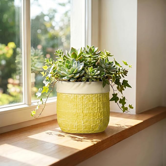 Ceramic Planter - 6 Inch Plant Pot with Drainage Hole and Plug, Round Unique Flower Pots for Indoor Plants, Boho Decorative Pot for Plants, Bookshelf Decor, Gifts for Plant Lovers, Yellow